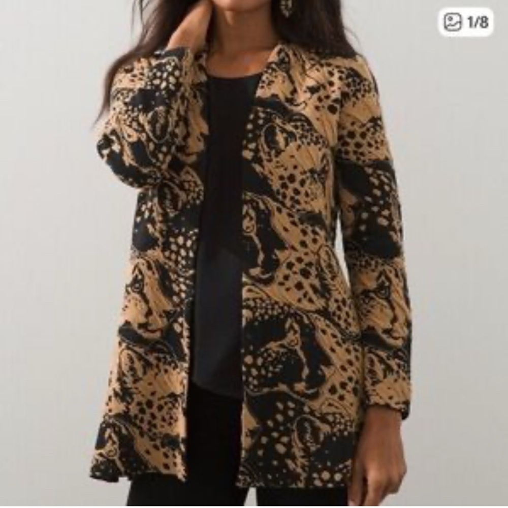 Chico's Sz 2 Cheetah Animal Print Jacquard Cardigan Duster Sweater Leopard Large